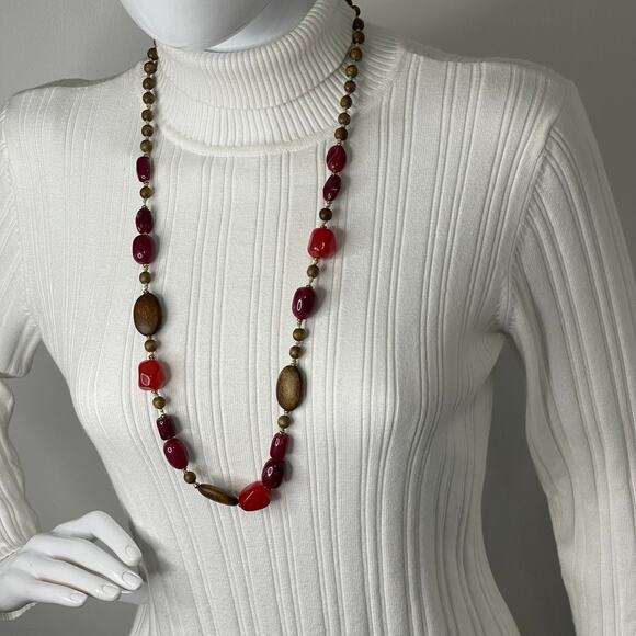 Sonoma beaded necklace signed costume jewelry chunky red brown resin wooden beea - Picture 5 of 9